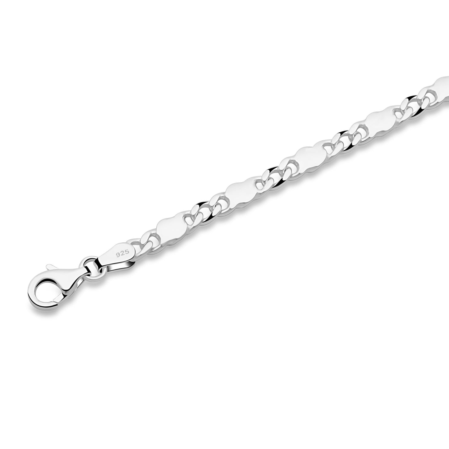 Panzer-Plattenarmband 4 mm Runder Karabiner 925er Sterling Silber Massiv