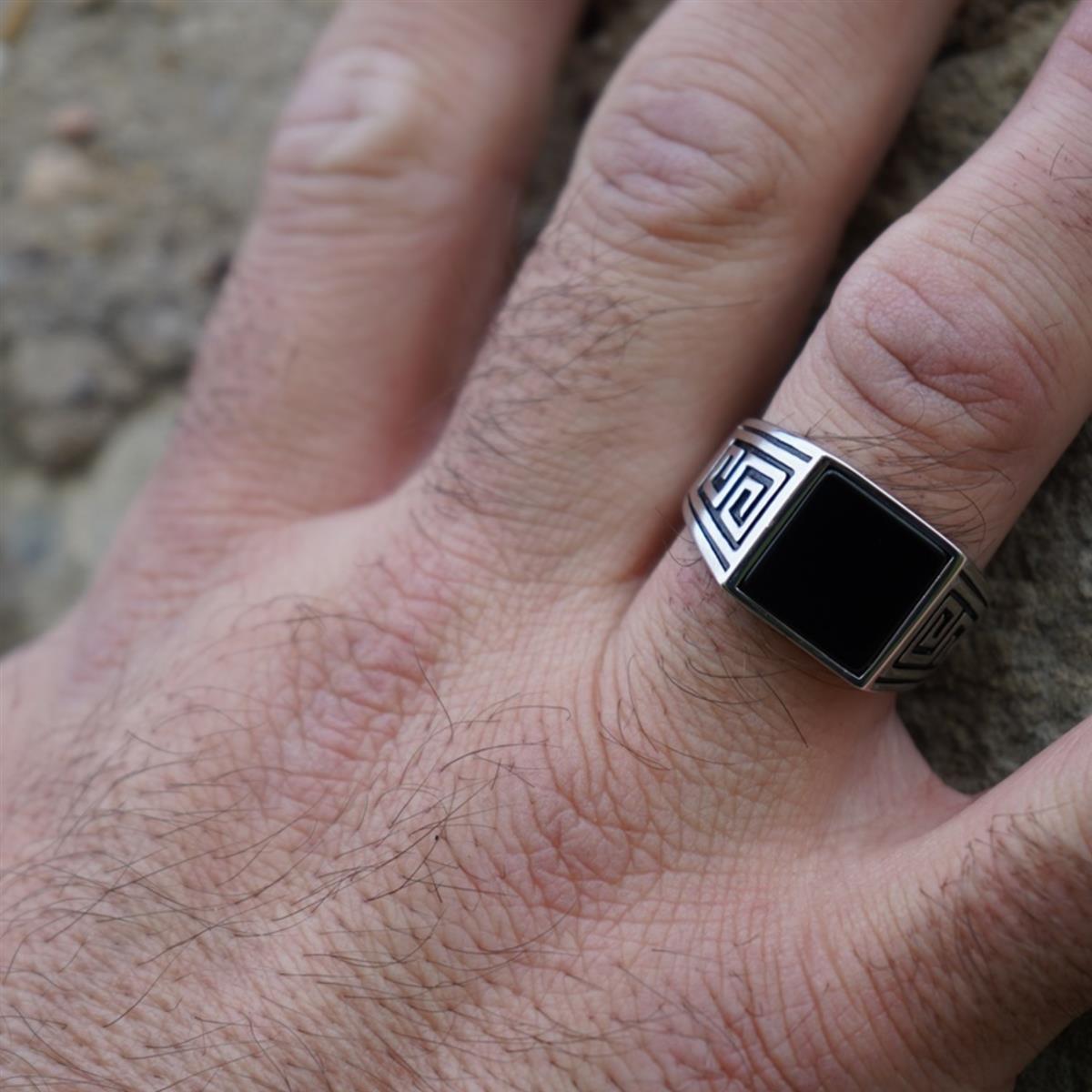 Siegelring mit eckigem flachen Onyx Stein und Griechisches Muster 925er Sterling Silber Massiv