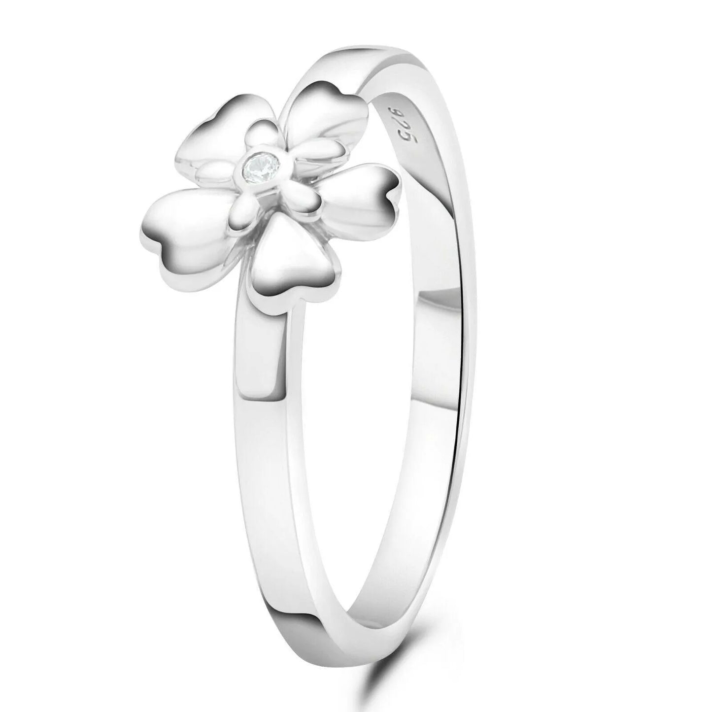 Solitär Ring Blume Herz 925 Sterling Silber Rhodiniert Zirkonia Stein Weiß Damen