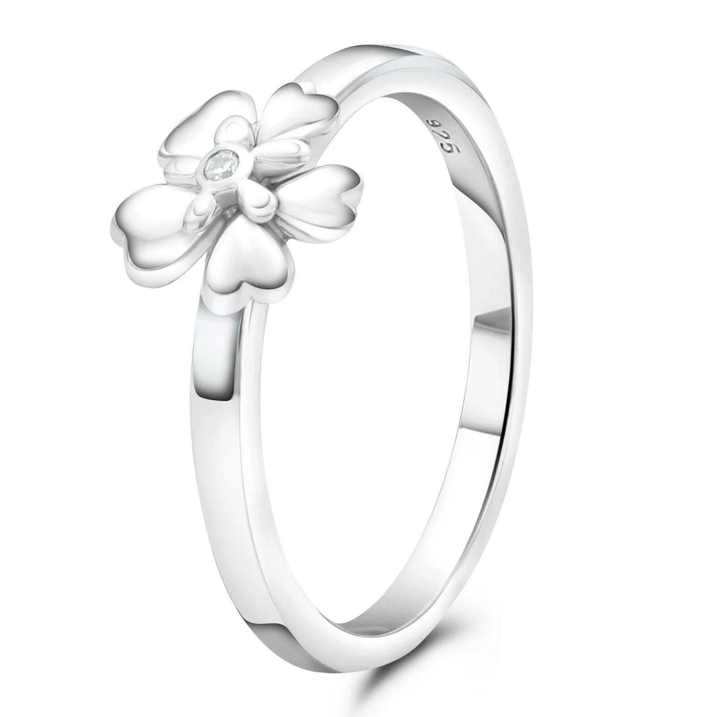 Solitär Ring Blume Herz 925 Sterling Silber Rhodiniert Zirkonia Stein Weiß Damen