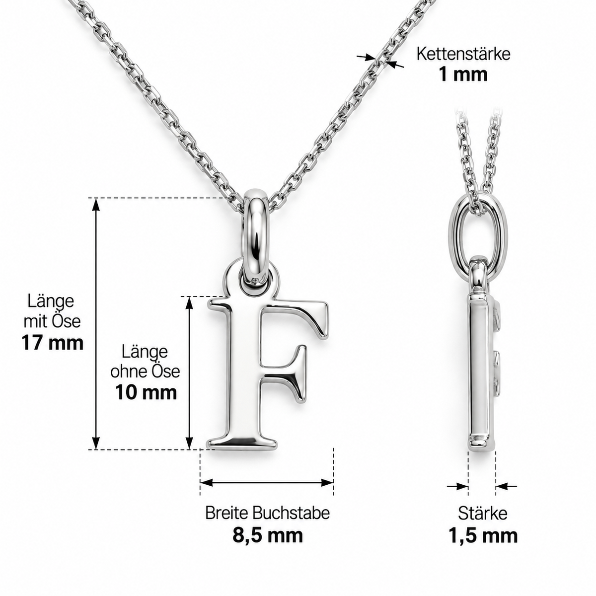 Buchstaben Anhänger F mit Kette Schlicht Echtes 925er Silber Rhodiniert