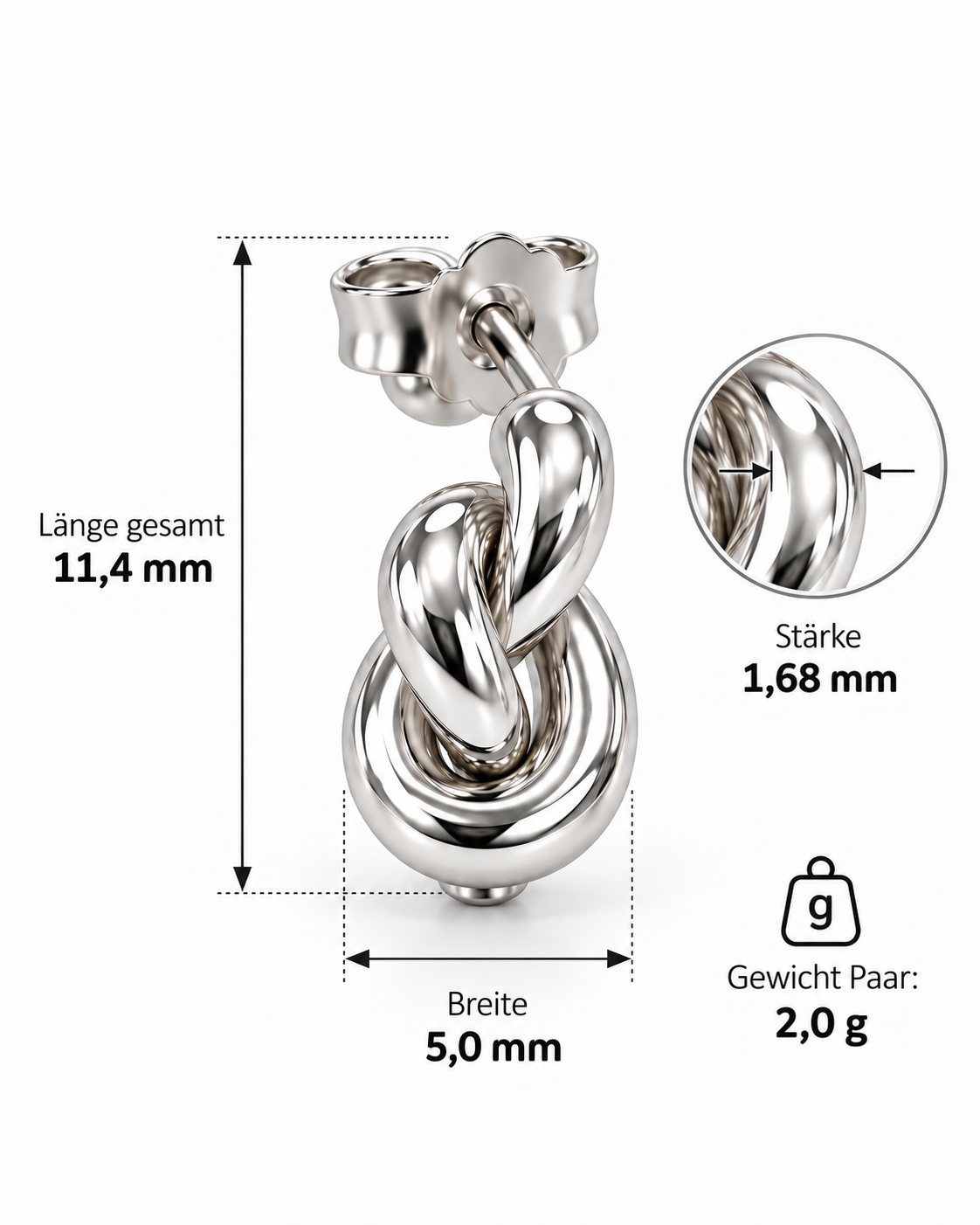 Liebesknoten Elegante Damen-Ohrstecker 925er Sterling Silber Massiv Rhodiniert