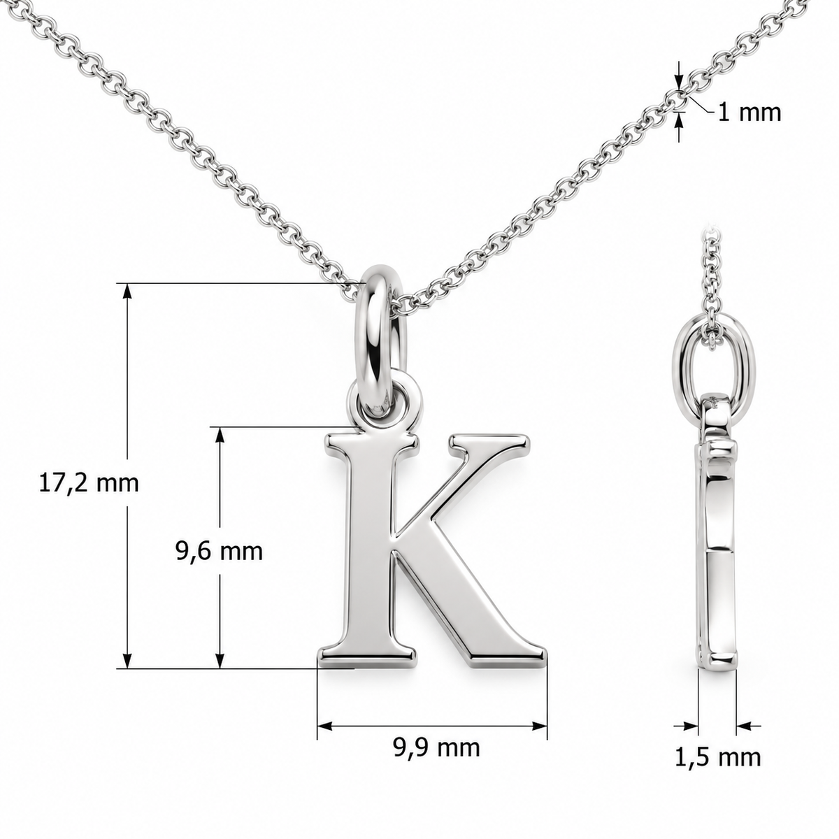 Buchstaben Anhänger K mit Kette Schlicht Echtes 925er Silber Rhodiniert