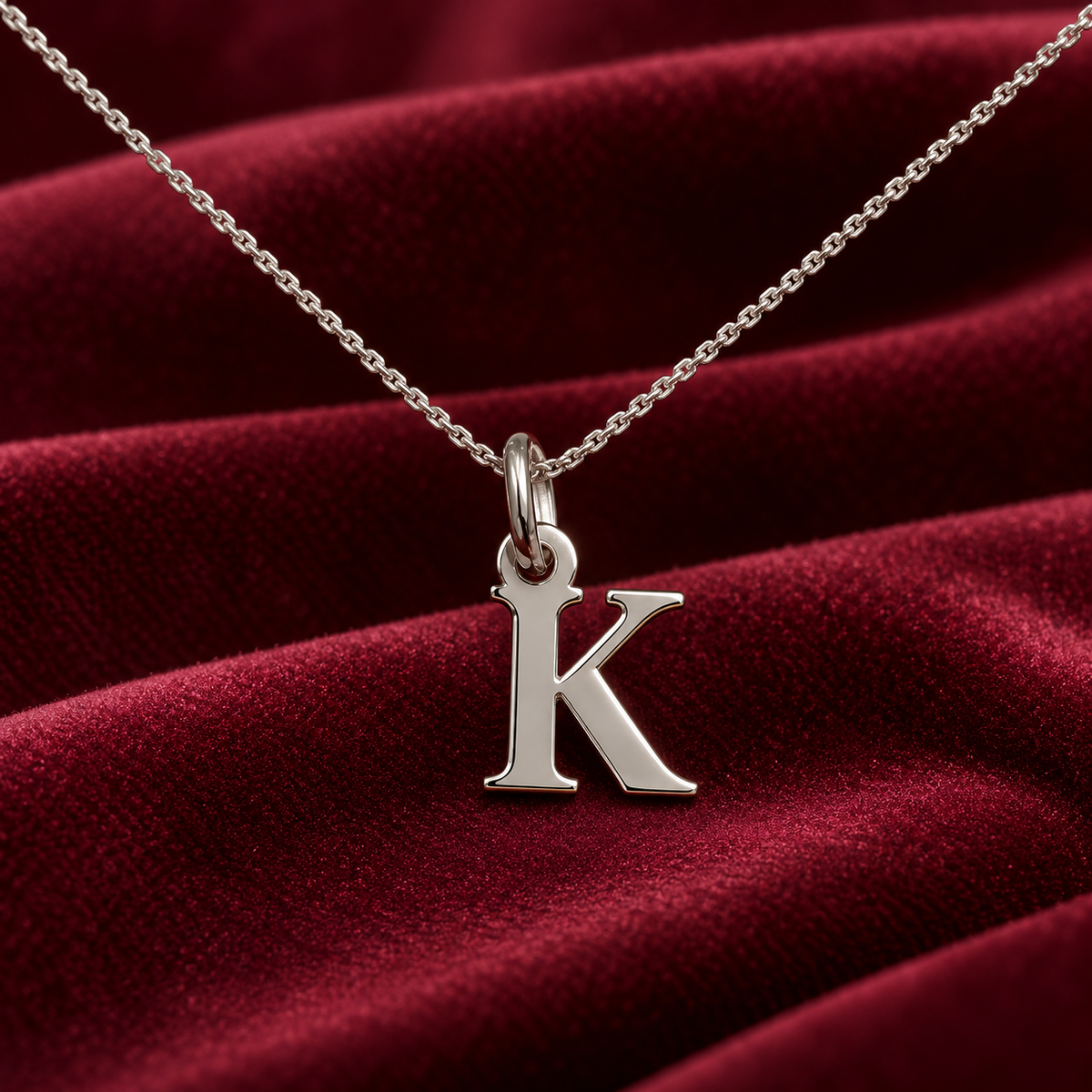 Buchstaben Anhänger K mit Kette Schlicht Echtes 925er Silber Rhodiniert