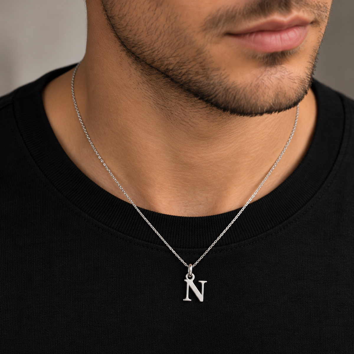 Buchstaben Anhänger N mit Kette Schlicht Echtes 925er Silber Rhodiniert