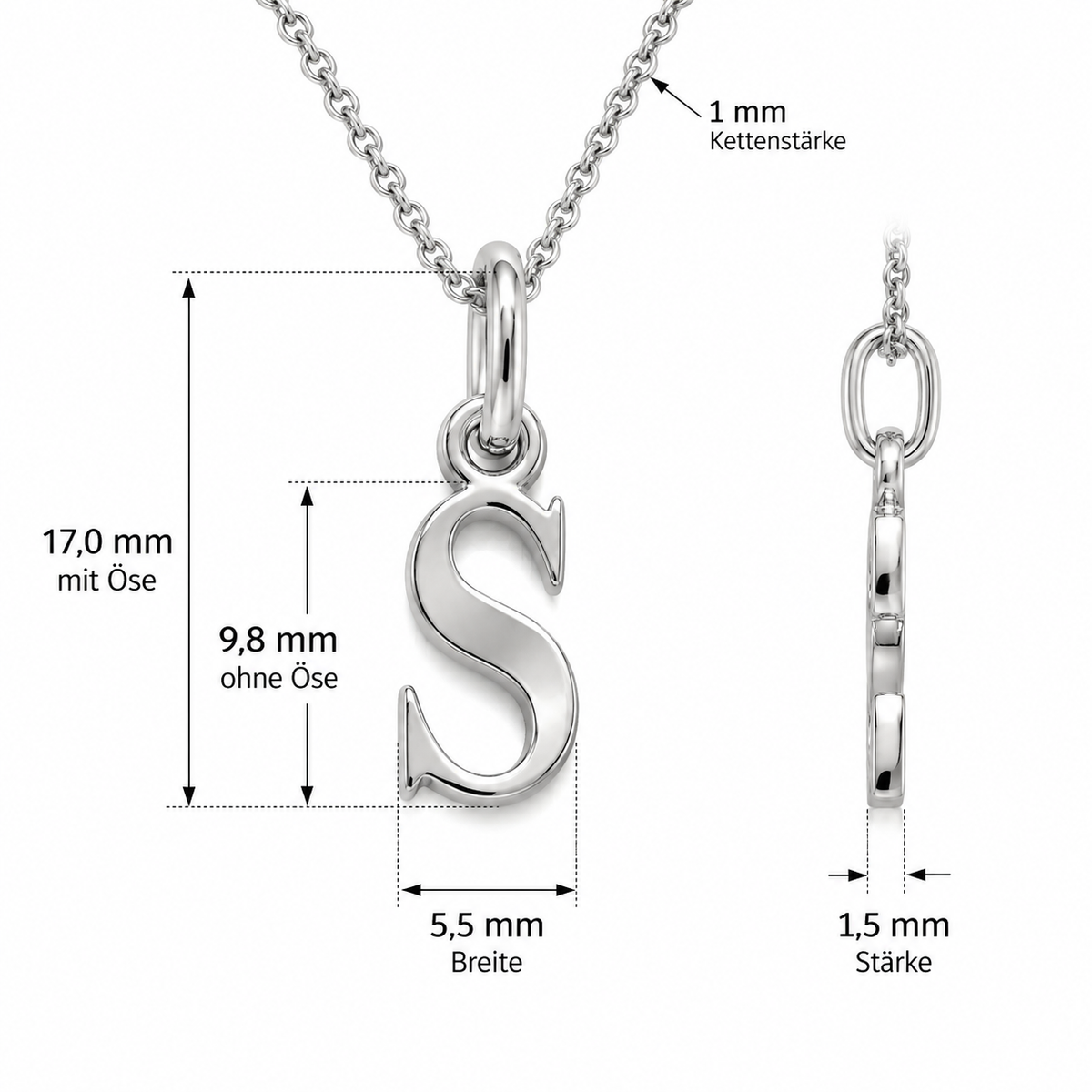 Buchstaben Anhänger S mit Kette Schlicht Echtes 925er Silber Rhodiniert