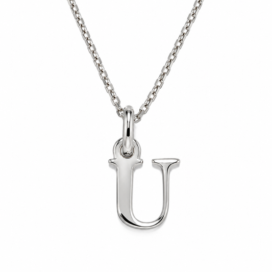 Buchstaben Anhänger U mit Kette Schlicht Echtes 925er Silber Rhodiniert