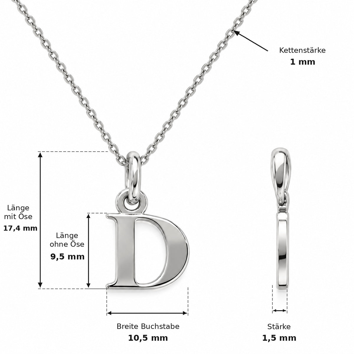 Buchstaben Anhänger D mit Kette Schlicht Echtes 925er Silber Rhodiniert